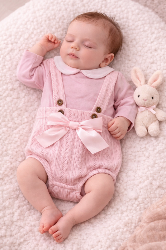 Baby in a pink outfit with a bow lying on a soft surface next to a plush toy.