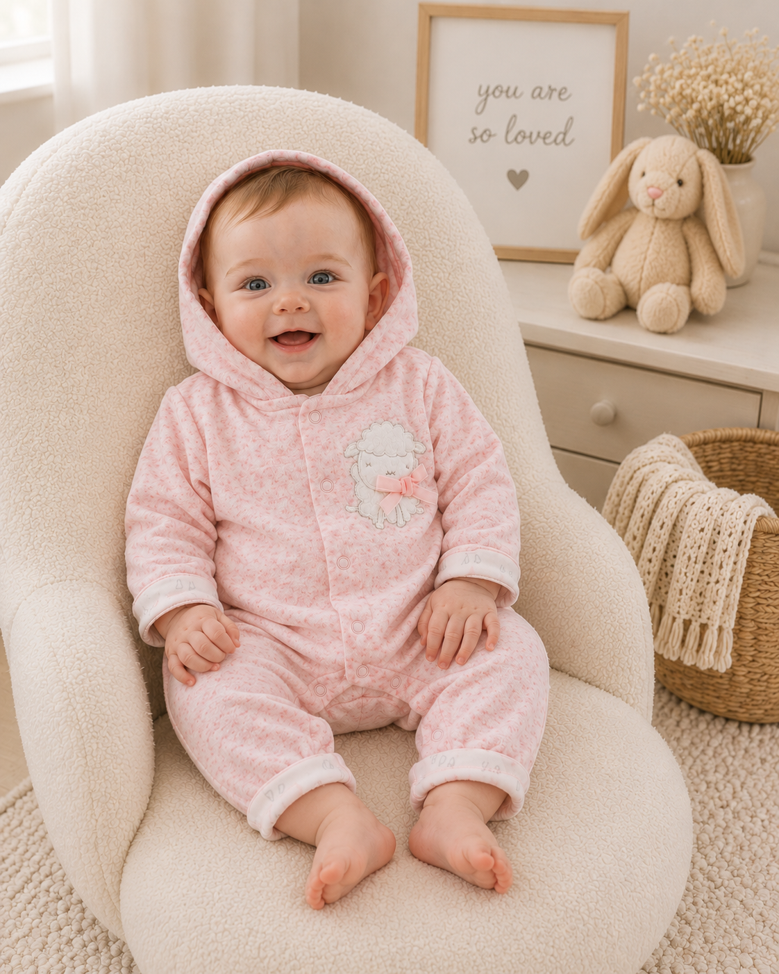 Baby girl wearing blush pink floral hooded pramsuit with embroidered lamb motif and white contrast cuffs