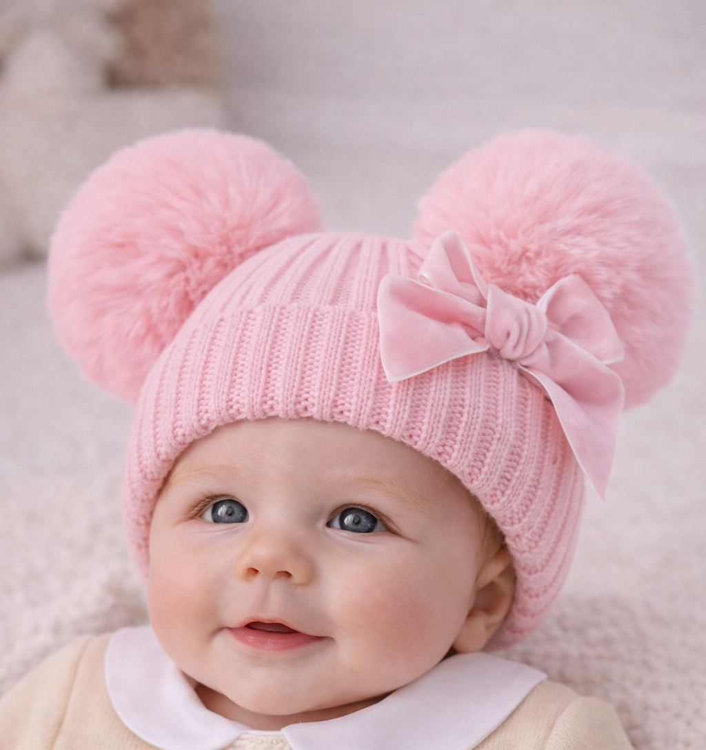 Baby Girl Ribbed Double Pom Pom Hat with Satin Bow - Pink