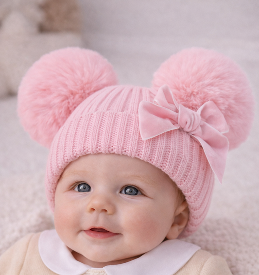 Baby Girl Ribbed Double Pom Pom Hat with Satin Bow - Pink