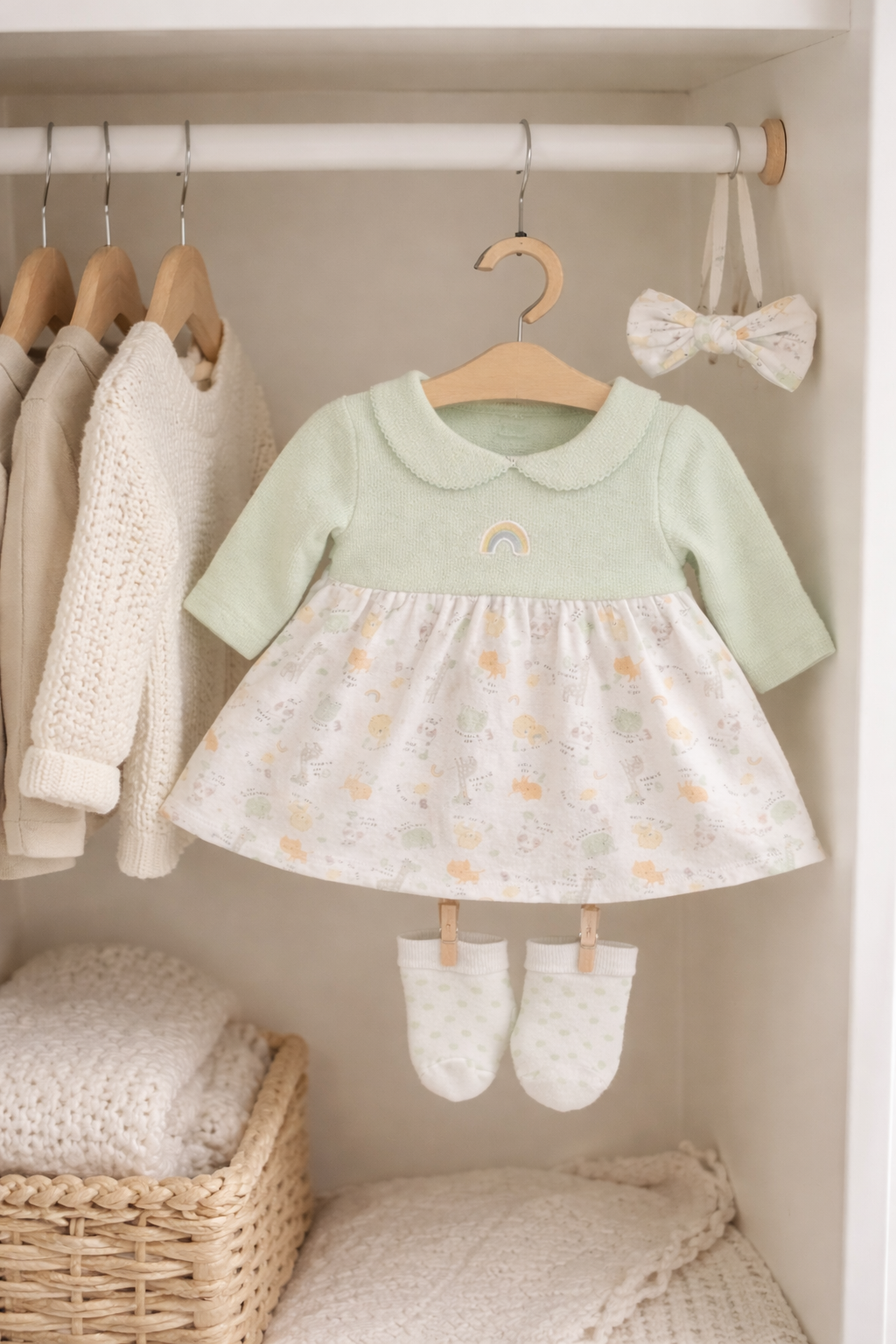 Children's green dress with white polka dot skirt hanging on a rack with other baby clothes.