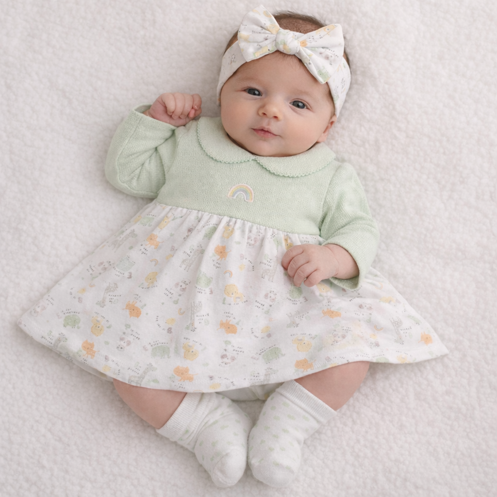 Baby wearing a green dress with a white skirt and bow headband on a light background