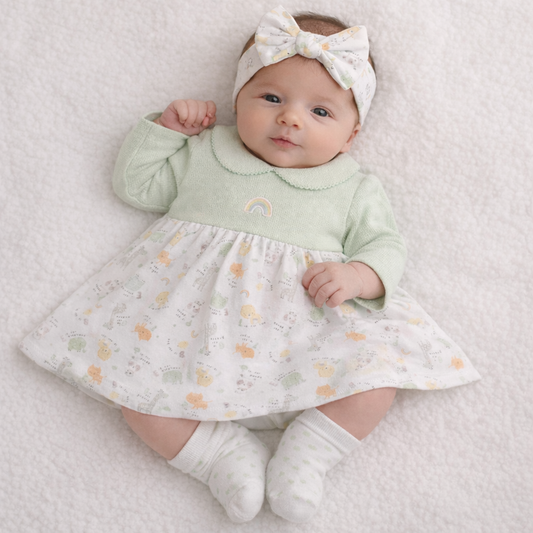 Baby wearing a green dress with a white skirt and bow headband on a light background