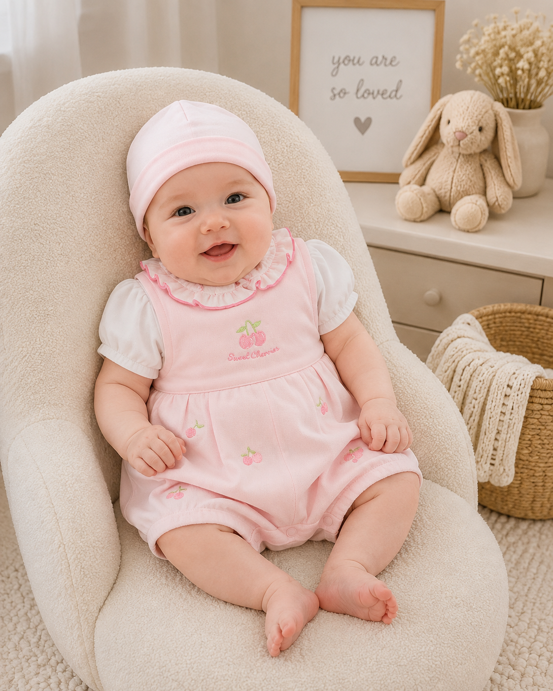 Baby girl wearing pink cherry print dungaree romper set with white puff sleeve bodysuit and matching pink hat
