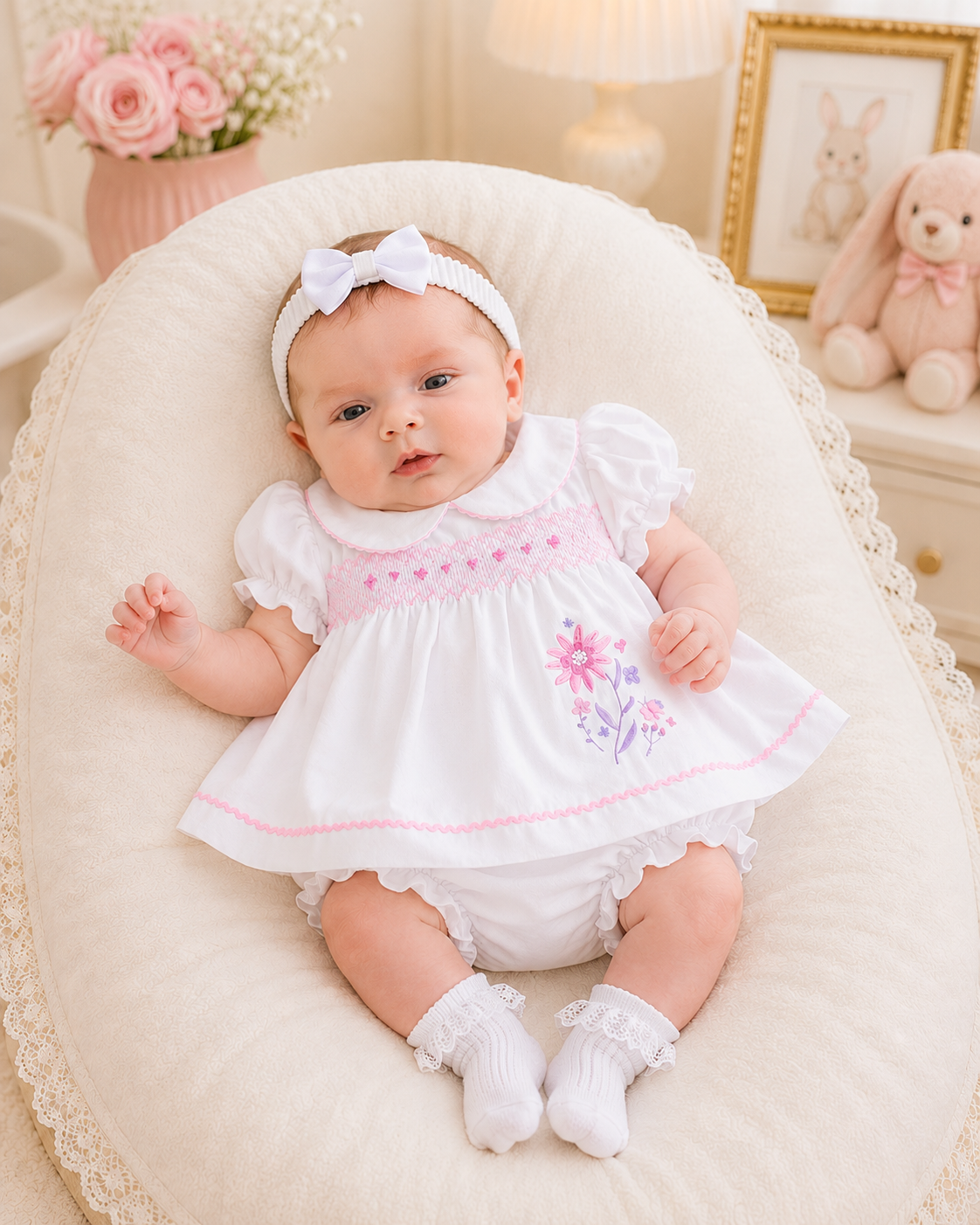 Baby girl wearing white smocked dress set with pink floral embroidery, Peter Pan collar, frilly bloomers and white bow headband
