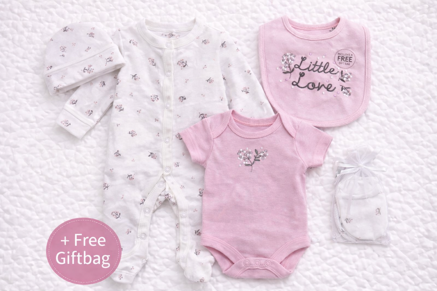 Flat lay of a baby girls 5-piece newborn clothing set on a white quilted background, featuring a floral footed sleepsuit, pink short-sleeve bodysuit, embroidered “Little Love” bib, matching hat, and scratch mittens presented in a sheer gift bag. Includes a pink circle label reading “+ Free Giftbag.”