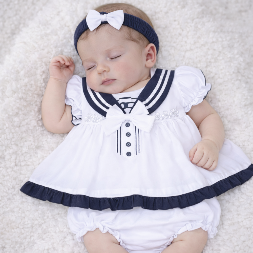 White Baby Dress Set with Frilly Pants & Headband - Navy or Pink
