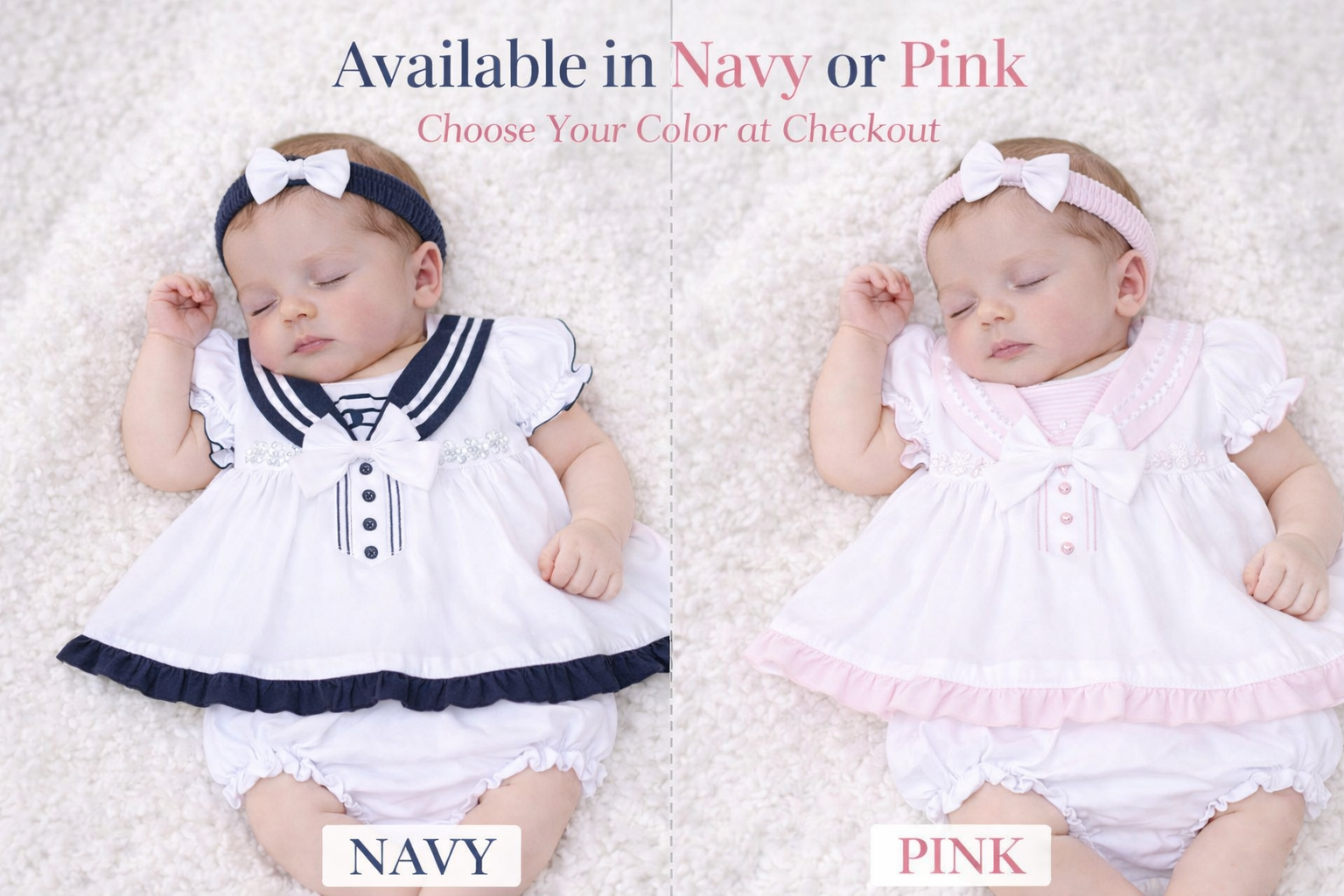 White Baby Dress Set with Frilly Pants & Headband - Navy or Pink