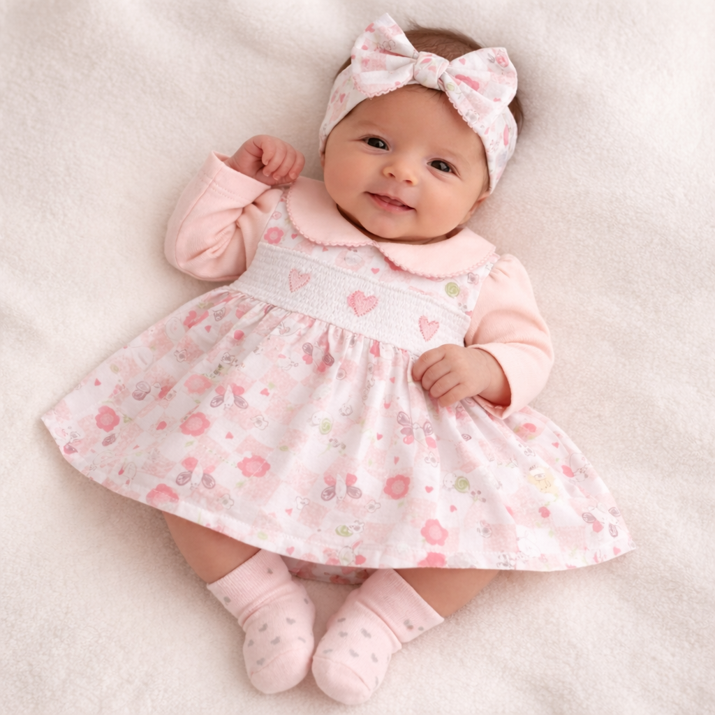 Baby wearing a pink floral dress and headband on a white background