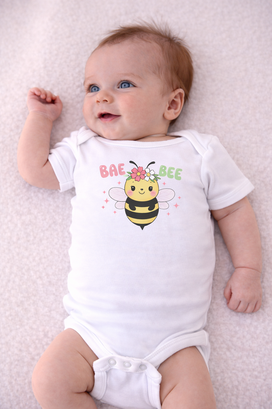 Baby wearing a white onesie with a bee design and text on a light pink background