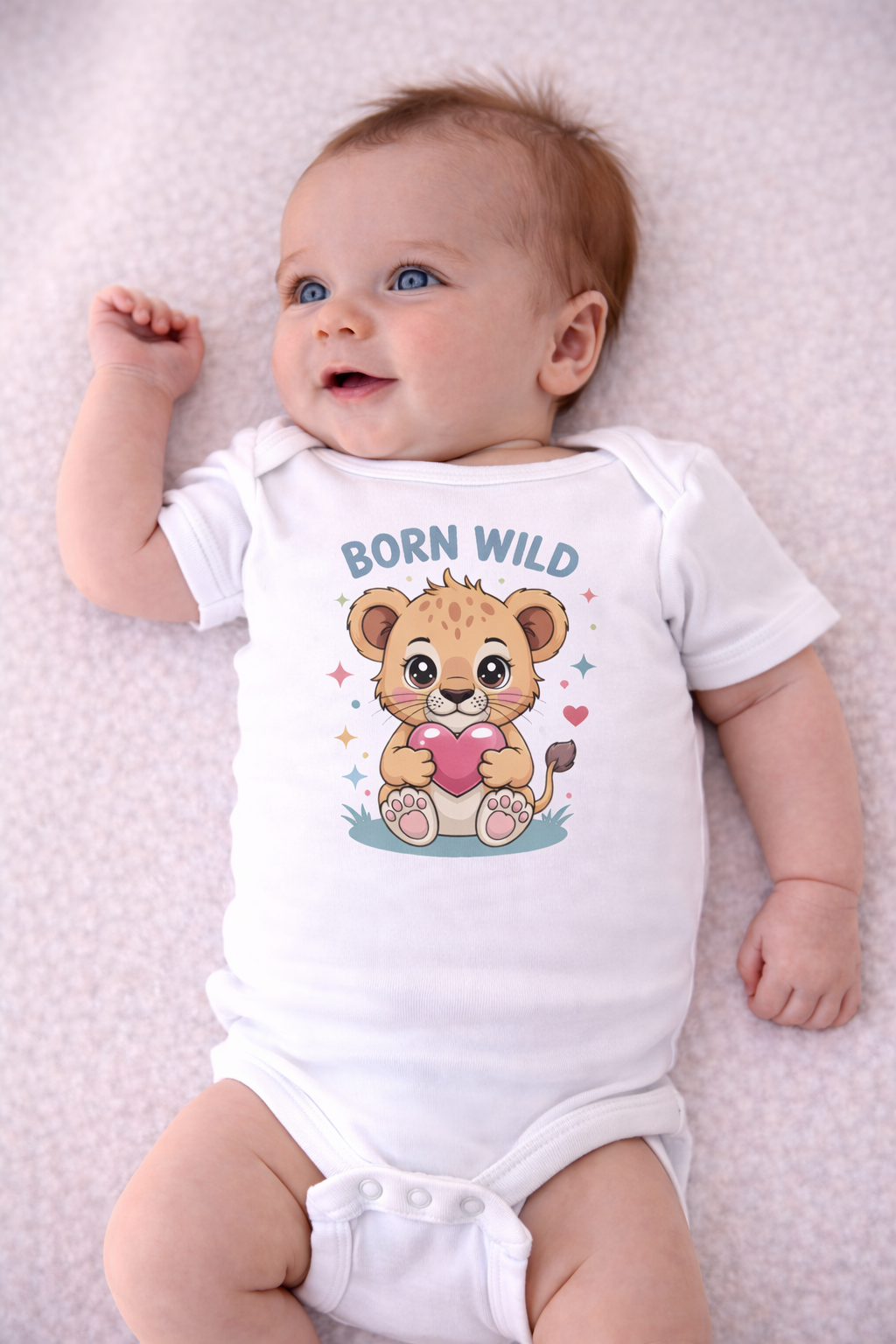 Baby wearing a white onesie with a cartoon lion and 'Born Wild' text on a light pink background