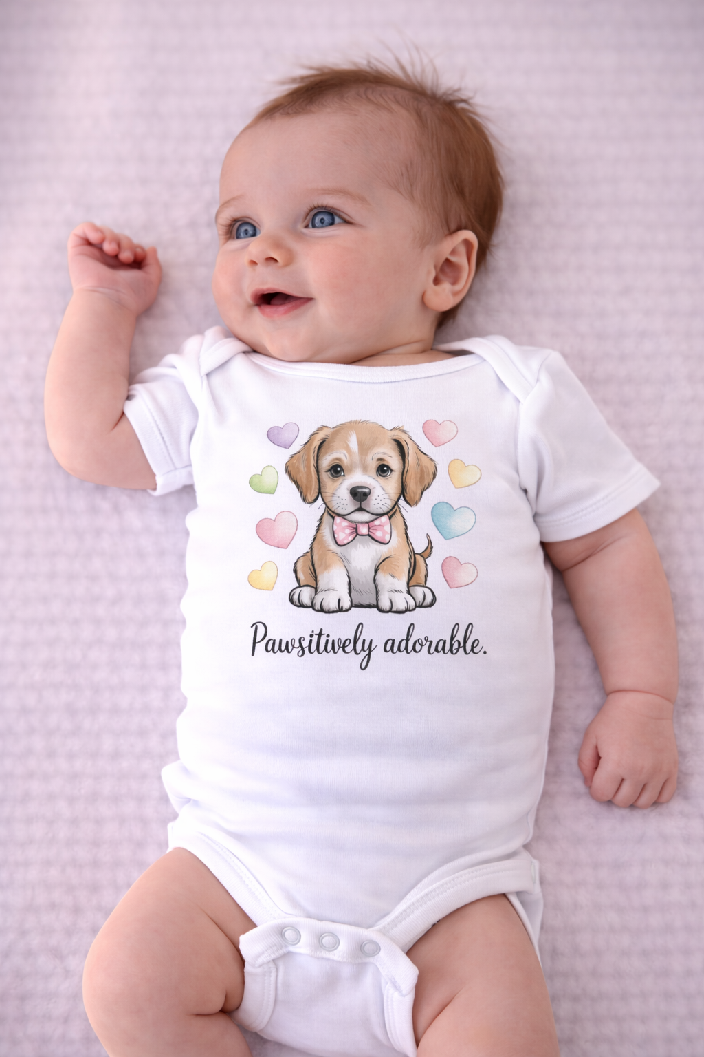 Baby wearing a white onesie with a puppy graphic and text on a light purple background