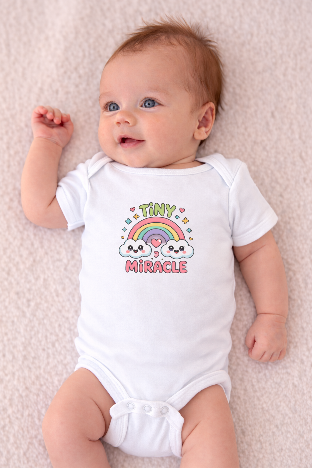 Baby wearing a white onesie with a rainbow and text design on a light pink background