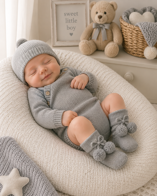 Baby in gray outfit with pom-pom details, surrounded by teddy bear and decorative items in a cozy room.