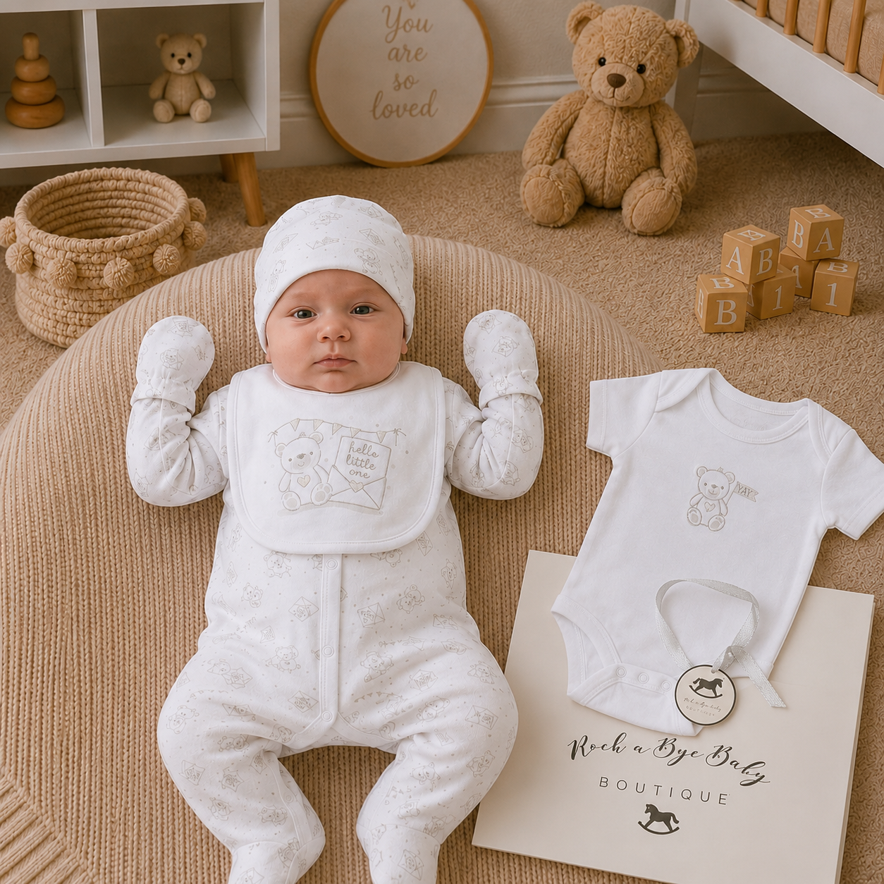 Baby in a white outfit lying on a textured surface with teddy bears and blocks in the background.