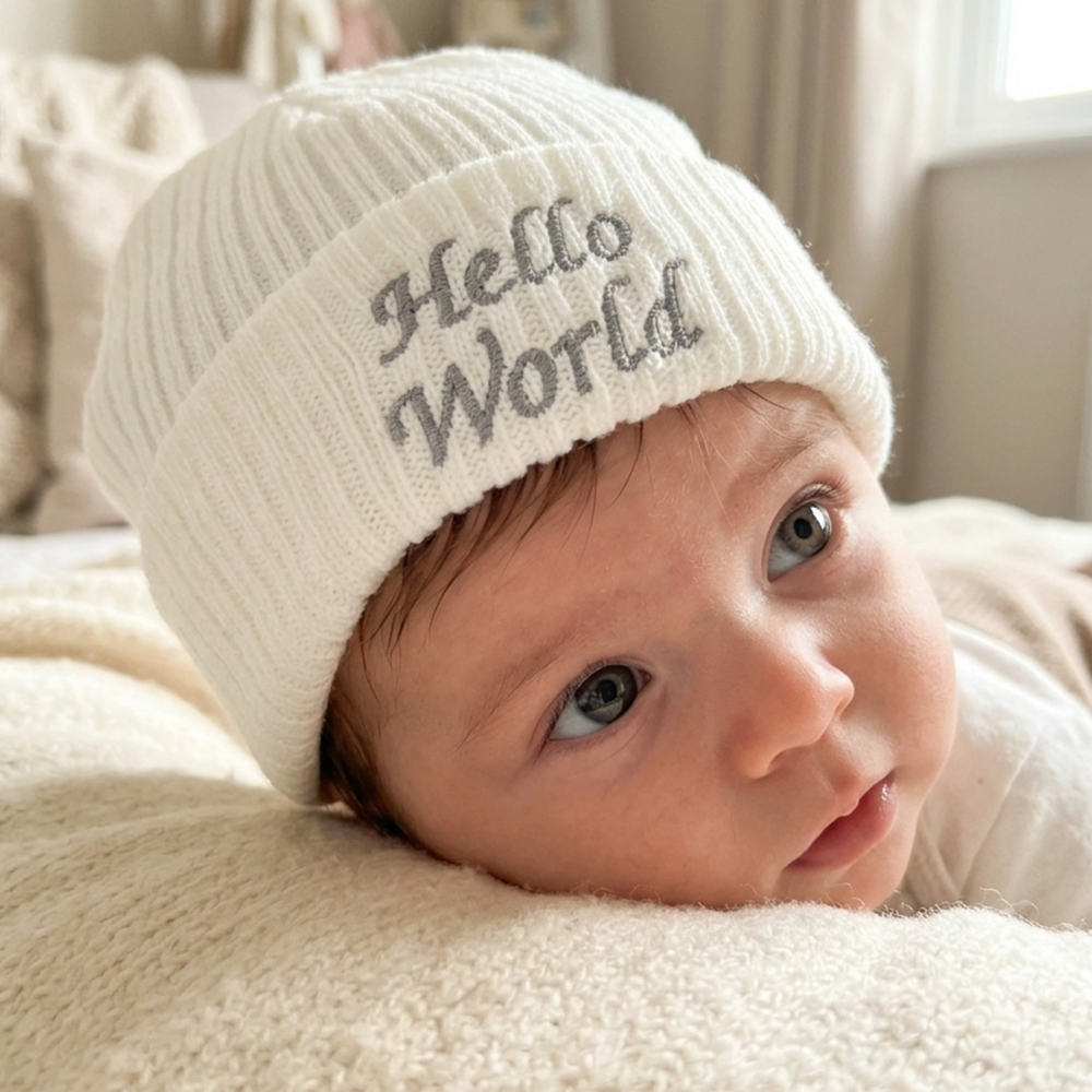Baby wearing white ribbed knit Hello World hospital hat with silver embroidery