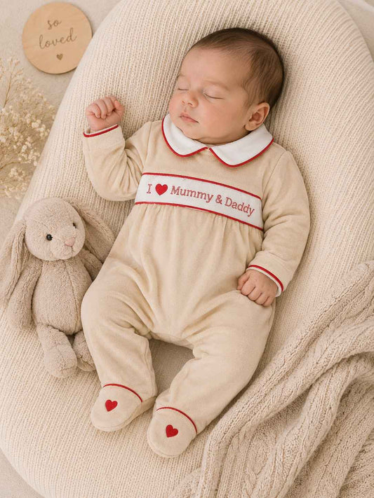 Baby 'I Love Mummy & Daddy' Sleepsuit – Cream Velour with Red Heart Detail