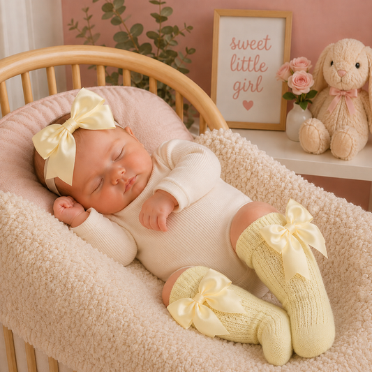 Newborn baby in a crib wearing a matching outfit with a yellow bow, surrounded by soft decor.