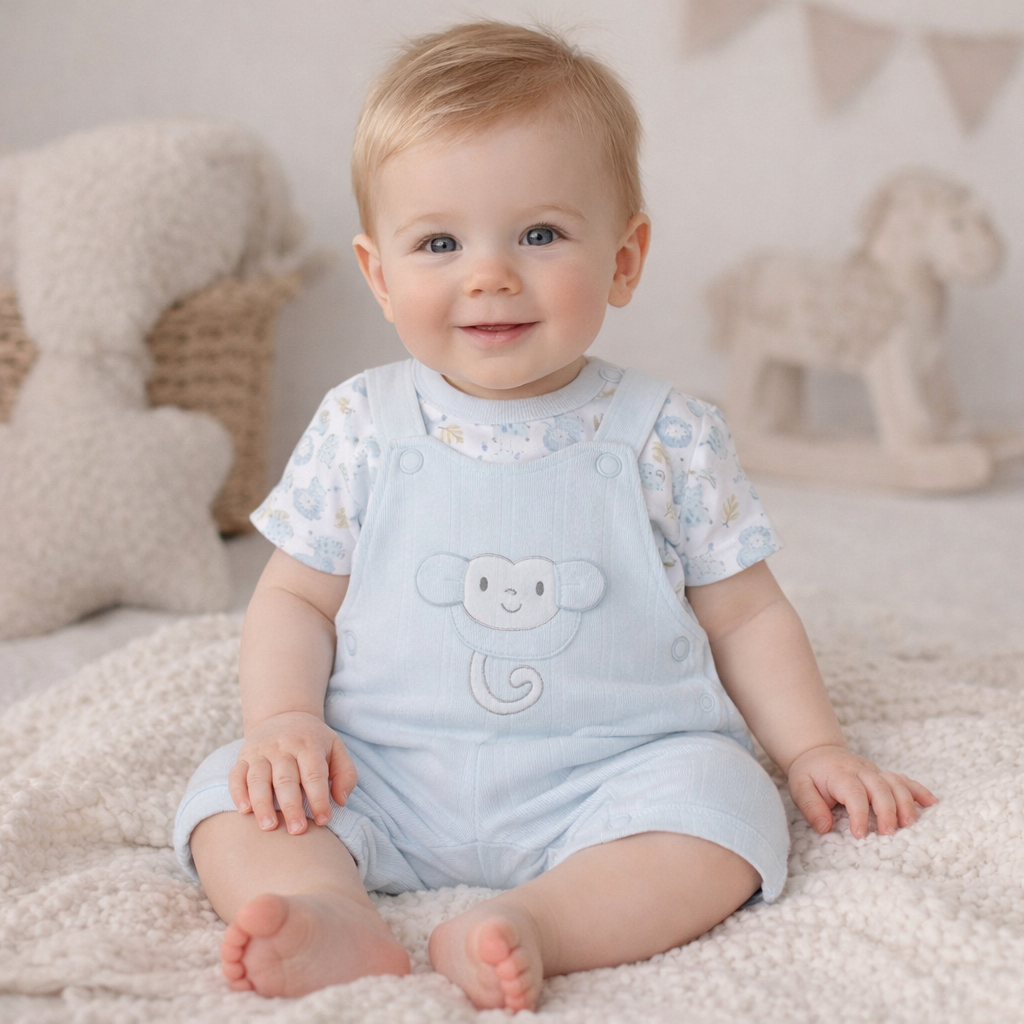 Baby wearing a light blue romper with a monkey design, sitting on a soft surface.