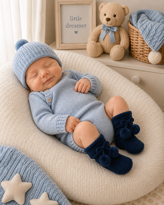 Newborn baby in blue outfit and hat lying on a soft surface with teddy bear and text frame in the background.
