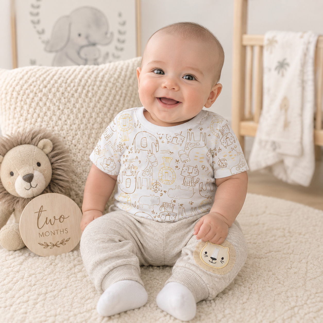 Baby wearing neutral safari animal print short sleeve top with grey ribbed footed jogger trousers and lion face appliqué