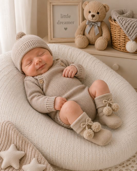 Newborn baby in beige knitted outfit with matching hat and booties, surrounded by soft textures and toys.