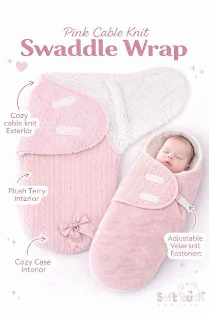 Pink cable knit swaddle wrap with baby sleeping inside on a white background