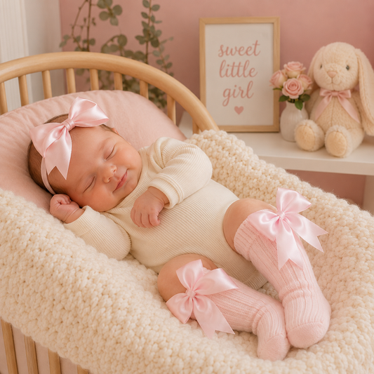 Newborn baby in a crib with pink bows, surrounded by soft decor.