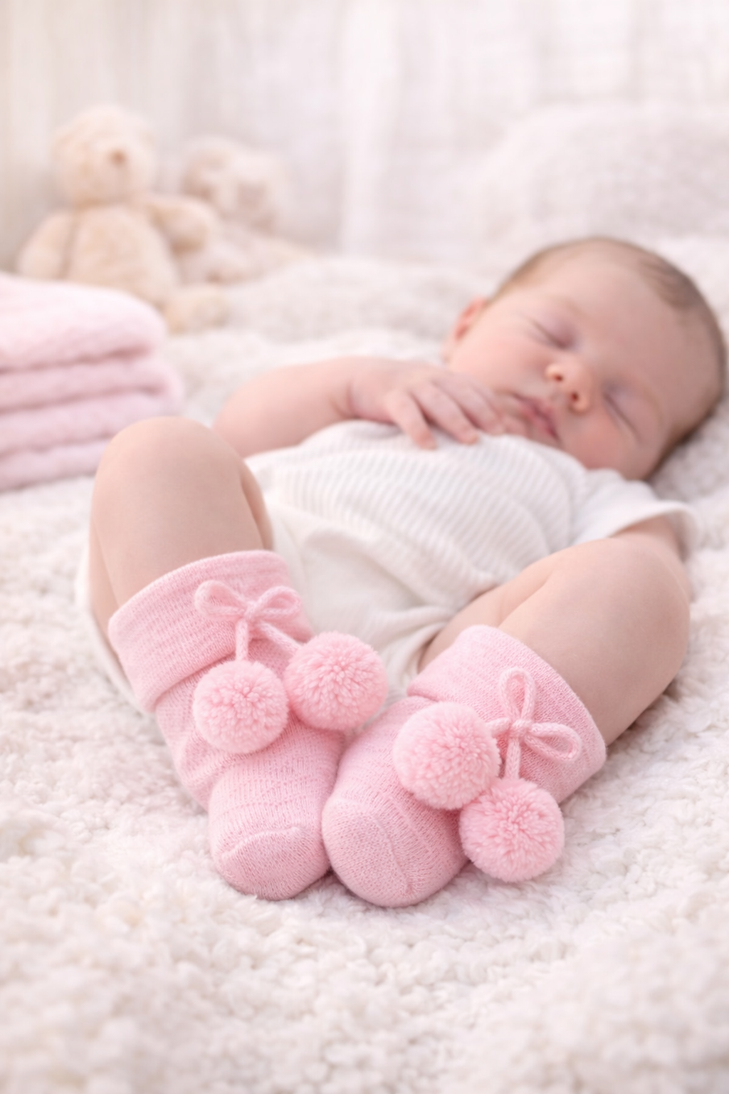 Newborn baby dressed in white onesie and pink pom-pom socks, resting peacefully