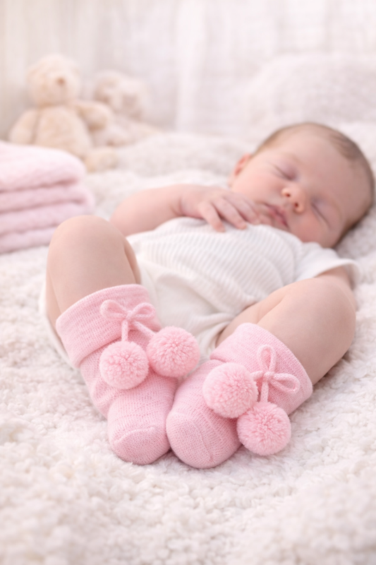 Newborn baby dressed in white onesie and pink pom-pom socks, resting peacefully