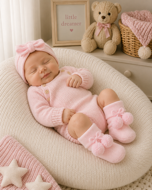 Baby in pink outfit with matching hat and socks, surrounded by teddy bear and decorative items.