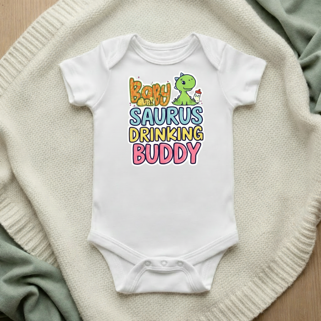 Baby Saurus Drinking Buddy baby bodysuit mockup flat lay on cream knit blanket