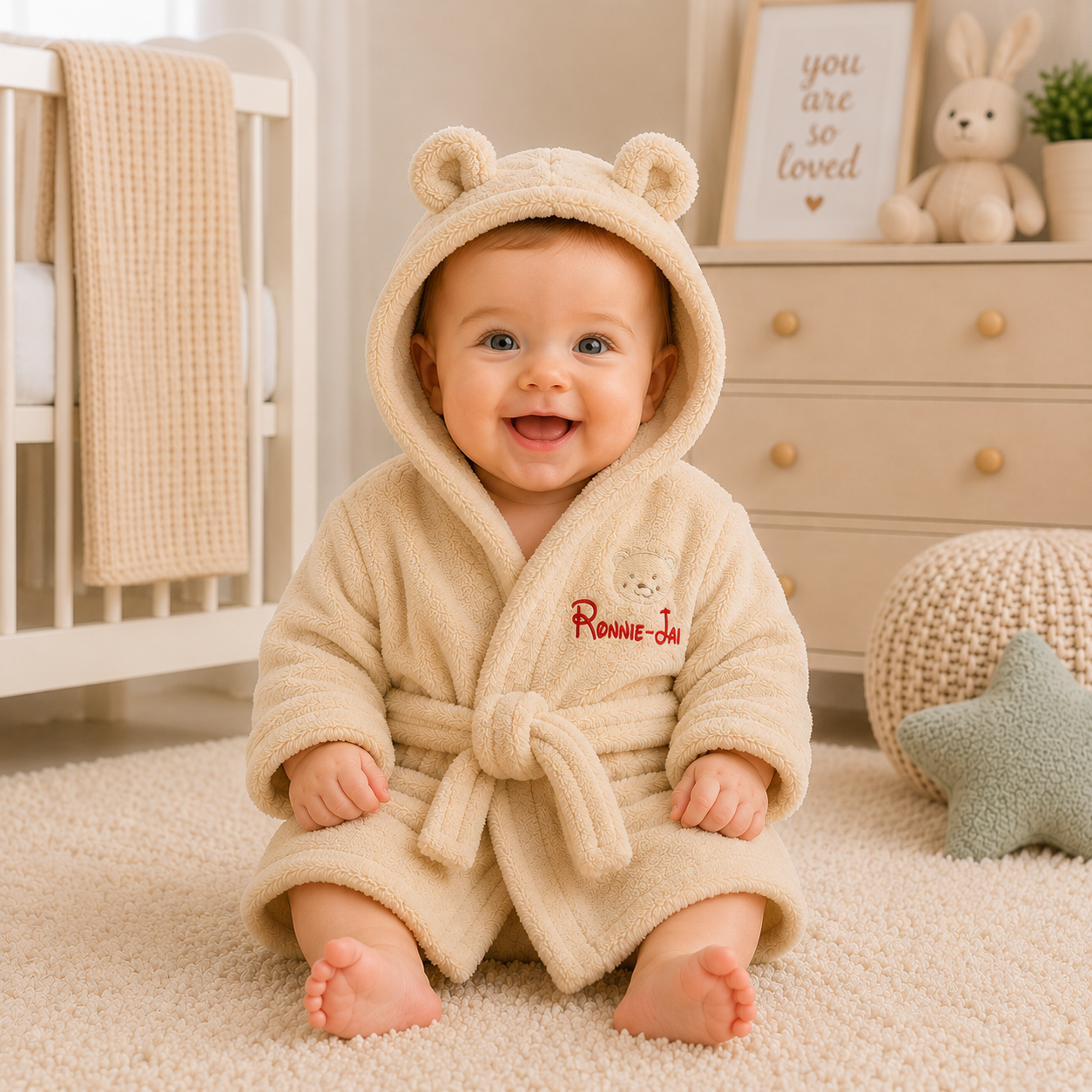 Baby in a beige robe with bear ears in a nursery setting