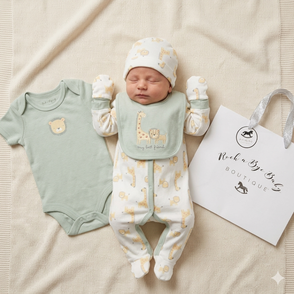 Newborn baby in green outfit with matching bib and onesie on a beige blanket, next to a branded bag.
