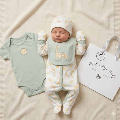 Newborn baby in green outfit with matching bib and onesie on a beige blanket, next to a branded bag.