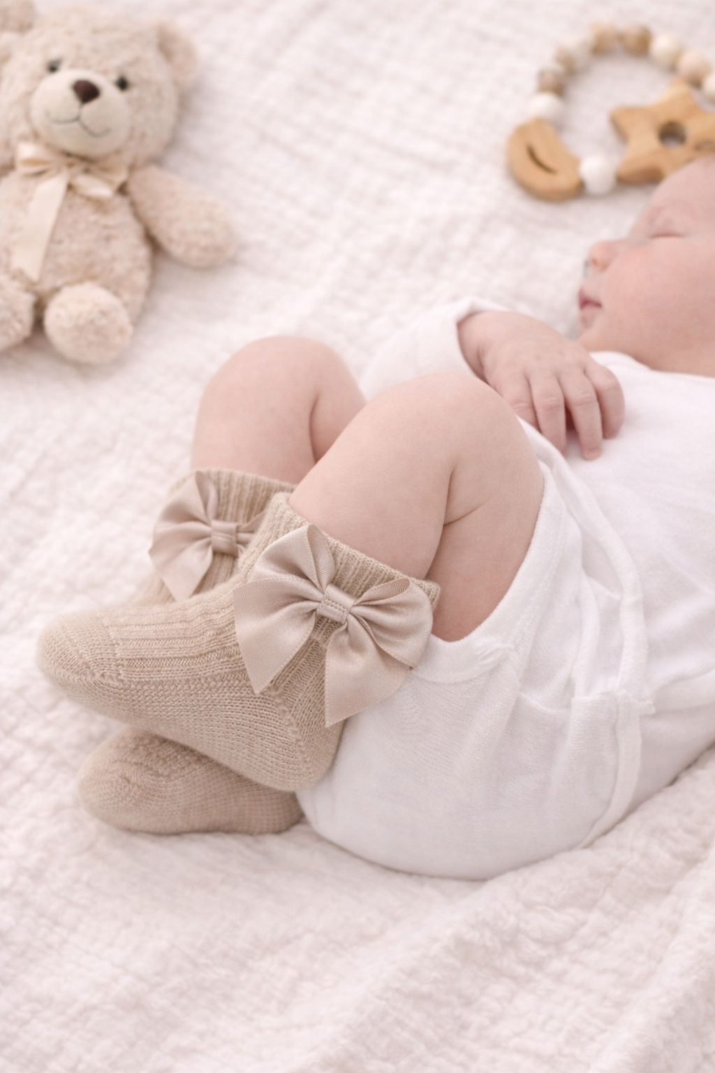 Sleeping newborn baby wearing beige ribbed socks with satin bows, styled on a soft neutral blanket with wooden baby toys for a cozy nursery aesthetic.