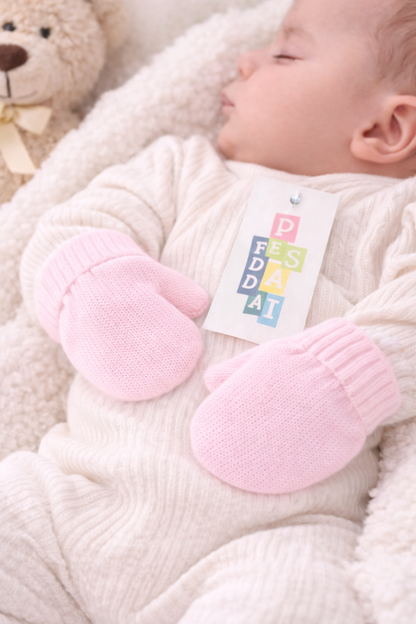 Sleeping newborn baby lying on a soft white blanket, wearing pale pink anti-scratch hand mittens to protect delicate skin, styled in a calm nursery setting with neutral baby accessories.