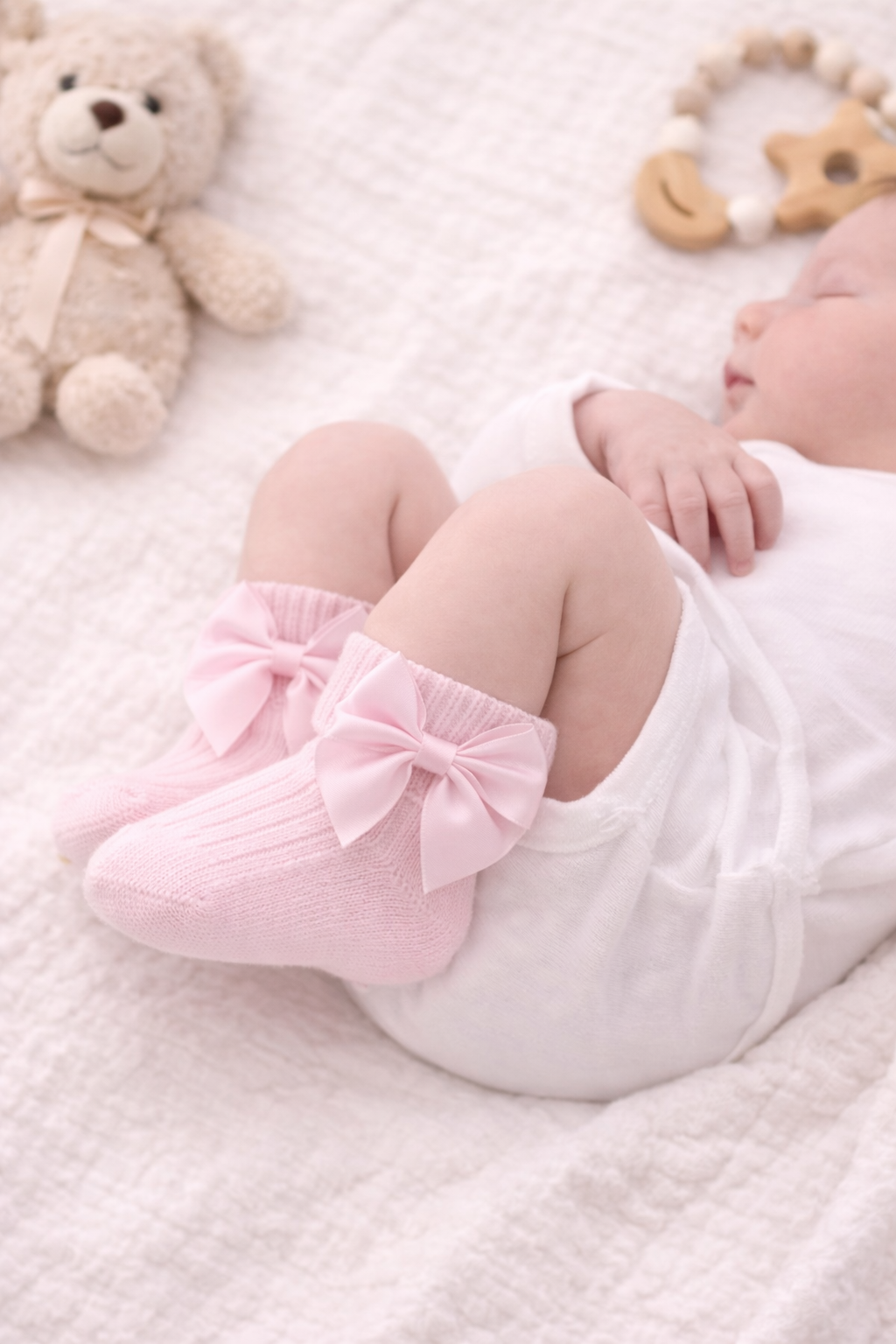 A sleeping newborn baby lies on a soft white blanket wearing a white bodysuit and delicate pink ribbed ankle socks with satin bow detailing, styled with neutral nursery accessories for a gentle, elegant baby photoshoot look.