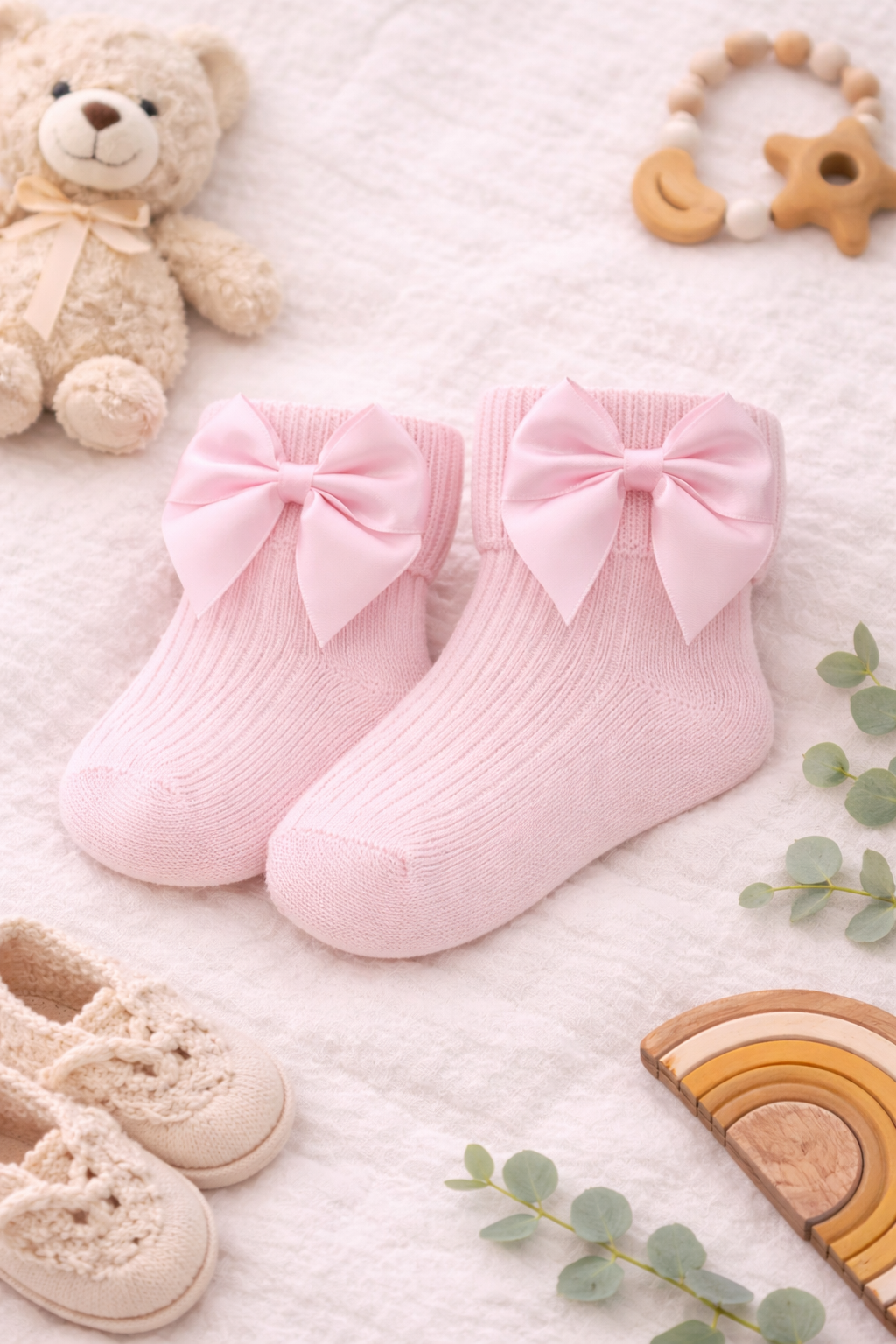 A sleeping newborn baby lies on a soft white blanket wearing a white bodysuit and delicate pink ribbed ankle socks with satin bow detailing, styled with neutral nursery accessories for a gentle, elegant baby photoshoot look.