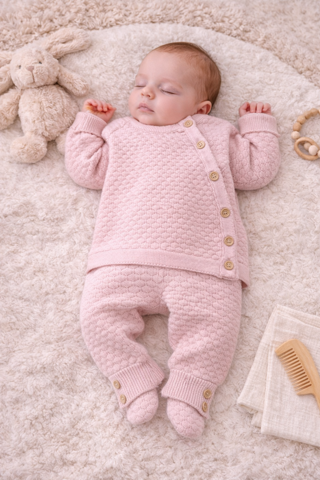 Sleeping baby wearing a soft pink Spanish-style knit two-piece outfit with textured cardigan and matching trousers, styled on a neutral blanket.