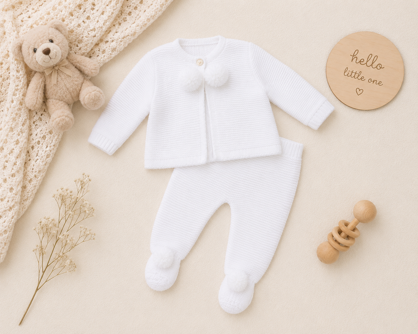 White baby outfit with a teddy bear, wooden rattle, and 'hello little one' sign on a beige background
