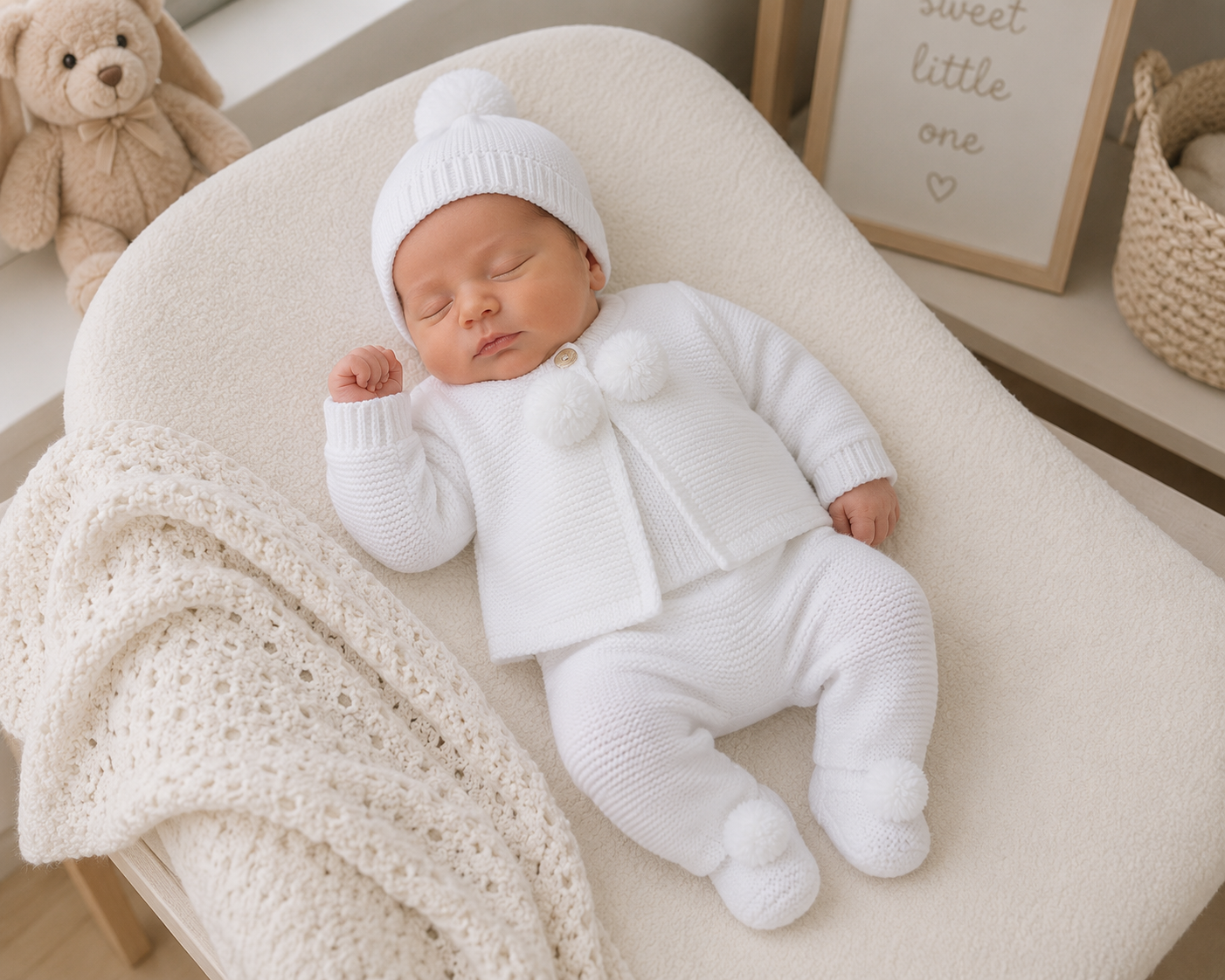 Newborn baby in a white knit outfit lying on a soft surface with a teddy bear and decorative items in the background.