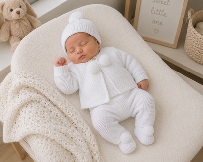 Newborn baby in a white knit outfit lying on a soft surface with a teddy bear and decorative items in the background.
