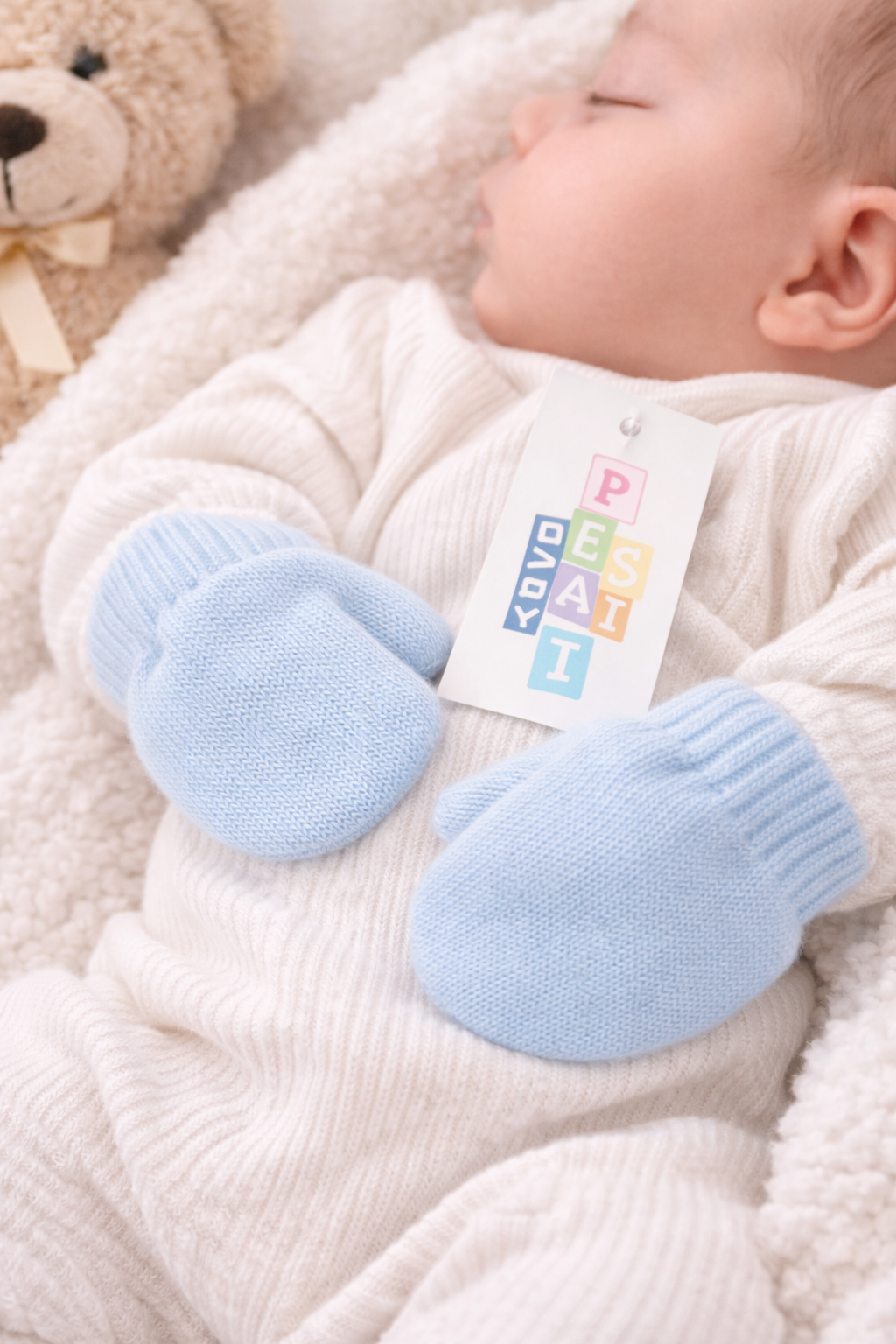 Sleeping newborn wearing soft blue knitted baby hand mittens, styled on a cozy cream blanket with neutral baby accessories.