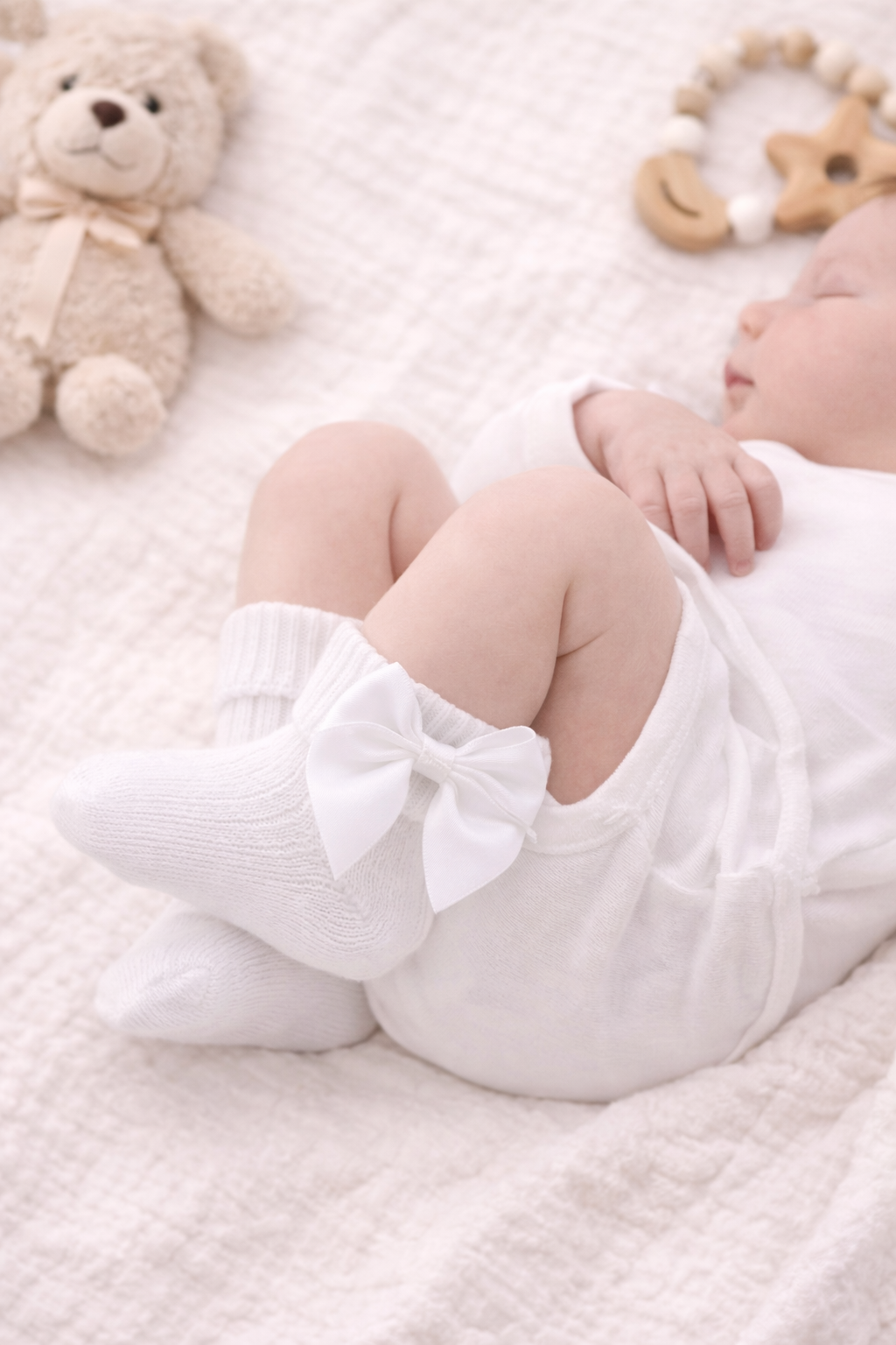 Close-up of a sleeping newborn wearing delicate white ribbed baby socks with satin bows, styled on a neutral cream blanket with soft toys for a cosy nursery aesthetic.