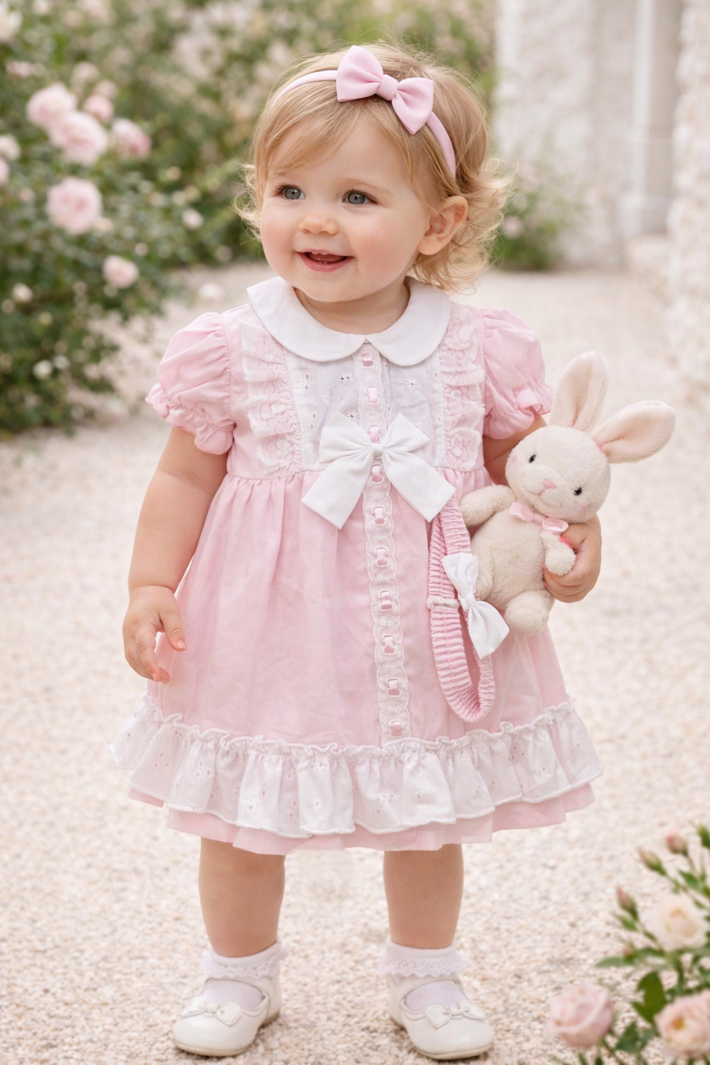 Beautiful Spanish-style frilly dress set in pink with matching pants and bow headband. Perfect for special occasions. Available in 18-24 months - last one!