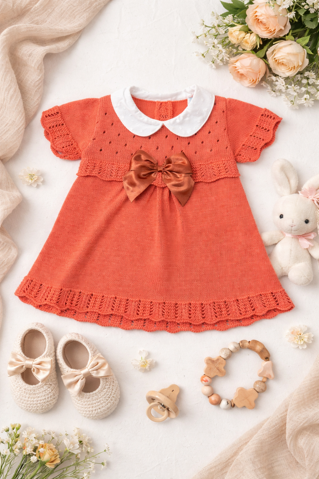 Beautiful Spanish-style knitted baby dress with Peter Pan collar and satin bow. Perfect for christenings, photos & special occasions. Sizes 0-3, 3-6, 6-9 months.