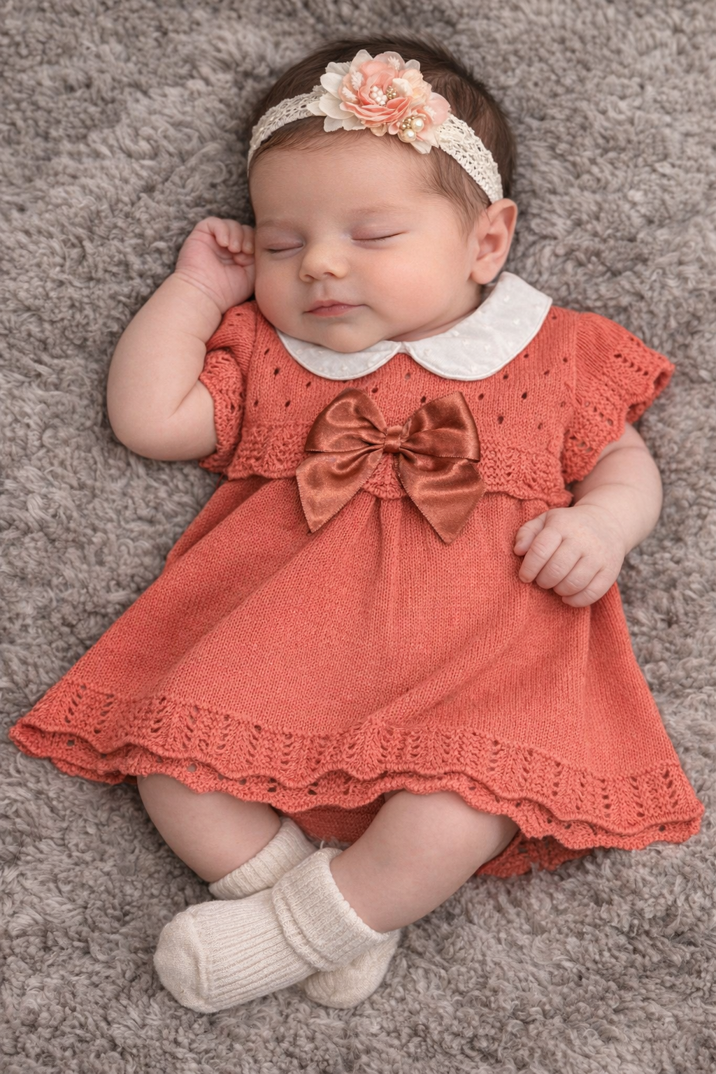 Beautiful Spanish-style knitted baby dress with Peter Pan collar and satin bow. Perfect for christenings, photos & special occasions. Sizes 0-3, 3-6, 6-9 months.