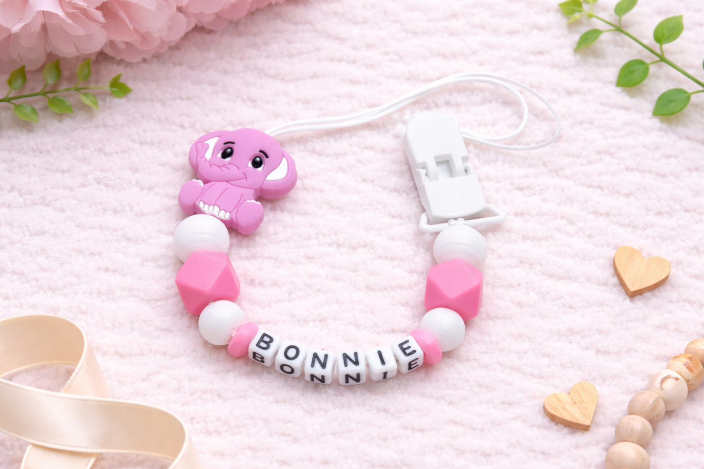 Beautiful pink & white elephant dummy clip with plastic letter beads. Personalized with your baby's name. Perfect baby girl gift. Handmade with premium beads.