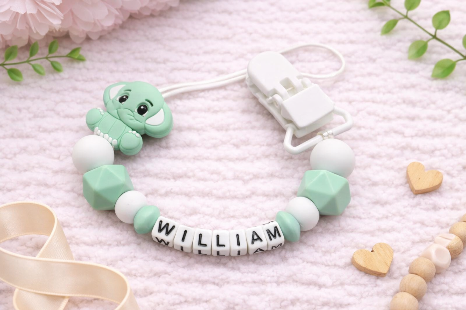 Beautiful mint & white elephant dummy clip with plastic letter beads. Personalized with your baby's name. Perfect gender neutral baby gift. Handmade.